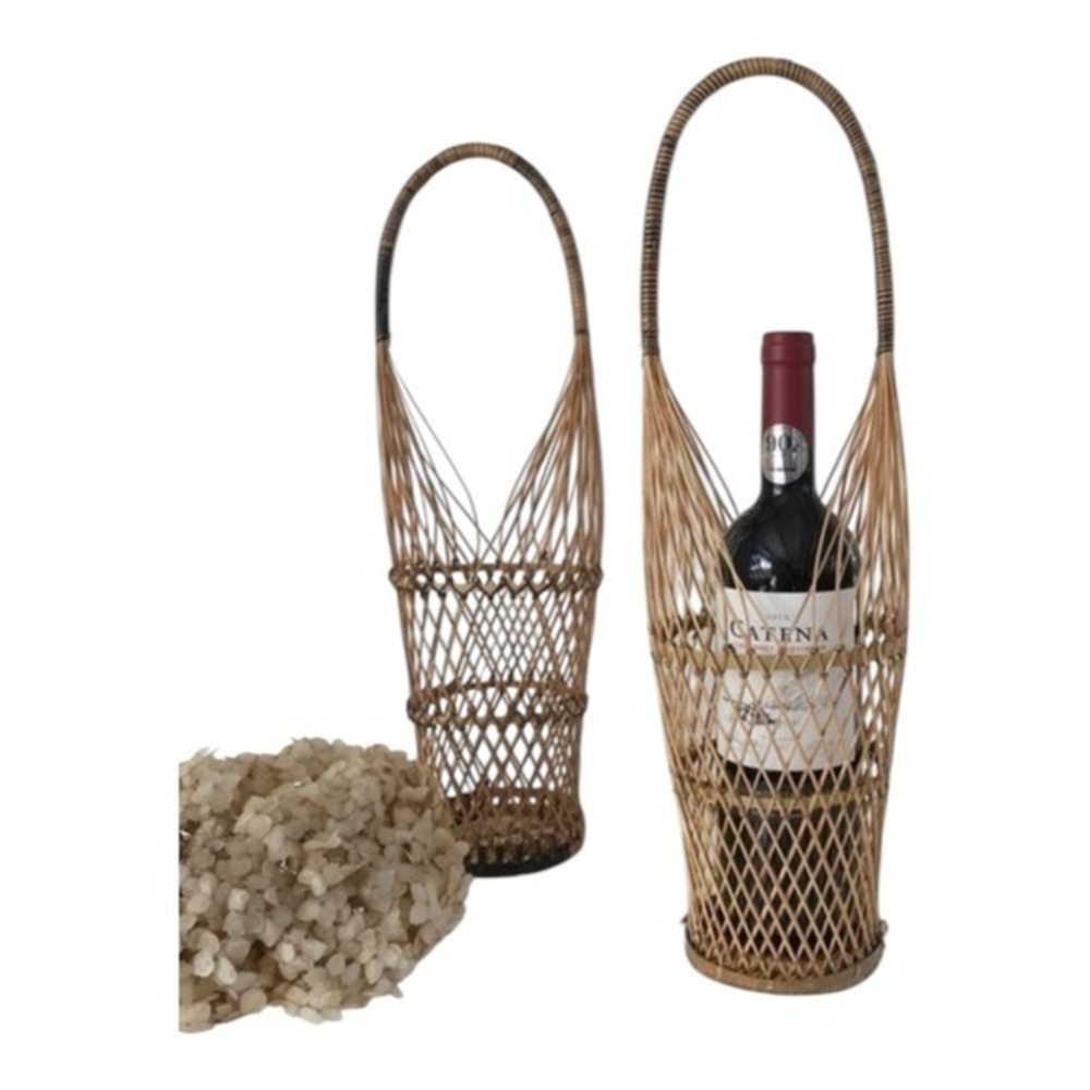 Handwoven Green Wicker Wine Basket with Wrapped Handle Made in the Philippines